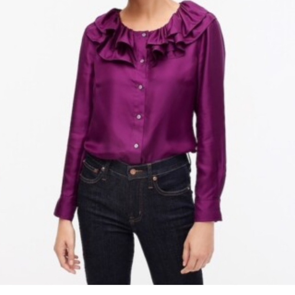 J. Crew Collection Satin 100% Silk Plum Blouse with Ruffle Neckline size Small